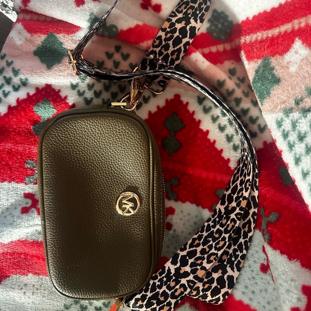 Michael Kors Olive Crossbody Bag with Leopard Strap